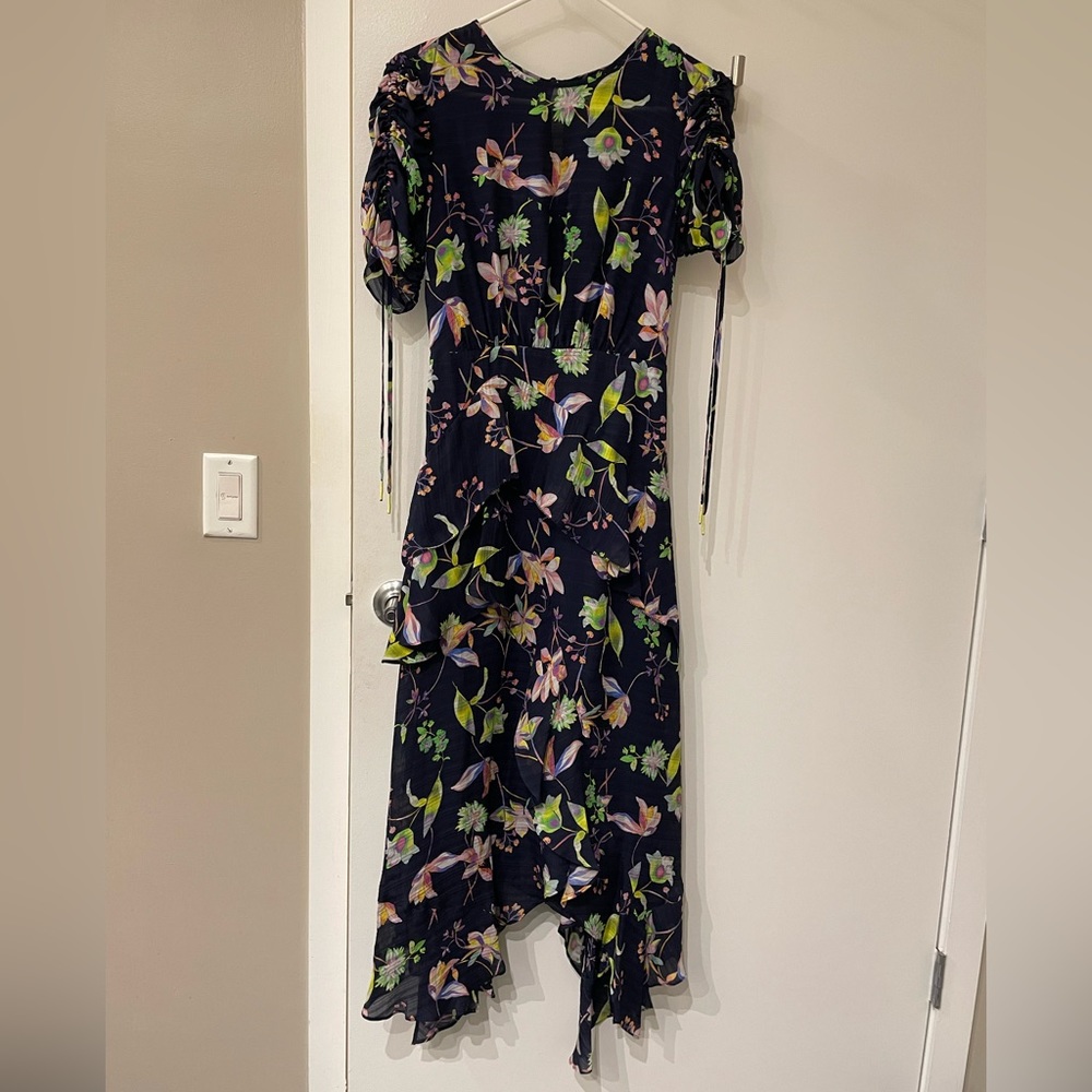Tanya Taylor Silk Dress, Navy, Floral Print, size: 4, Garden Print Cosette Dress